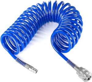 Poppstar Spiral Druckluftschlauch 5m aus PU, hochwertiger Schlauch für hohe Drücke mit Knickschutz und Schnellkupplung NW 7,2