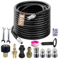 Rohrreinigungsschlauch Set 15m, kompatibel mit Kärcher k2-k7, Lavor, Bosch Hochdruckreiniger, 400 Bar / 5800PSI, universal Rohrreinigungsset für verstopfte Drains, Regenrohre und Schloten