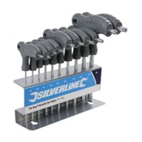 Silverline-Trx-Stiftschlüssel mit Quergriffen, 10-teilig Satz T9-T50. Hochwertiges Werkzeug für Heimwerker und Handwerker. Chrom-Vanadium-Stahl, geformte Kunststoff-Quergriffe und stabiler Metallständer.