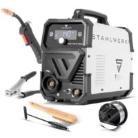STAHLWERK Schweißgerät Mini FLUX 140 ST Digital - Fülldrahtschweißen ohne Schutzgas bis 140 A, kompakt, synergischer Drahtvorschub, integriertes LED-Licht, Lift-TIG- und MMA/ARC-Funktion