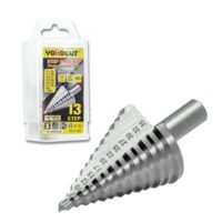 Stufenbohrer mit 13 Schritten von Ø 5 bis Ø 35mm, ideal für Metall, Stahl, Holz und Kunststoffe. Hochgeschwindigkeitsstahl (HSS) Bohrer mit doppeltem Split-Point-Design und geraden Nuten.