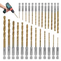 26-teiliges Titan Bohrerset für verschiedene Materialien, inklusive Holz, Kunststoff und Metall, mit Schnellwechsel-Sechskantschaft und HSS-Bohrern in verschiedenen Größen.