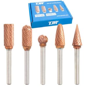 TJR ULTRA Co Hartmetall-Frässtift-Set, 6mm Schaft, 5 Stück, rotierende Raspel-Feile für Stahl, Edelstahl, gehärtete Materialien, Aluminium, Holz, Schleifen, Portieren, Entgraten, Gravieren