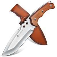 Bushcraft Messer Outdoor Jagdmesser mit feststehender Klinge und Lederscheide, hochbelastbar und multifunktional geeignet für Überlebenskampf, Jagd und Geschenke
