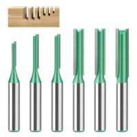 Ein Set aus 6 Fräsern mit 8mm Schaft, bestehend aus Nutfräsern für Holzbearbeitung. Die Fräser haben verschiedene Durchmesser und sind ideal für die Bearbeitung von Hartholz, verdichtetem Holz sowie Holzbrettern.