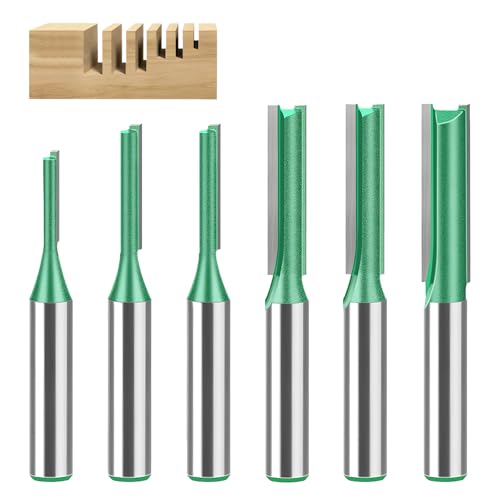 Ein Set aus 6 Fräsern mit 8mm Schaft, bestehend aus Nutfräsern für Holzbearbeitung. Die Fräser haben verschiedene Durchmesser und sind ideal für die Bearbeitung von Hartholz, verdichtetem Holz sowie Holzbrettern.