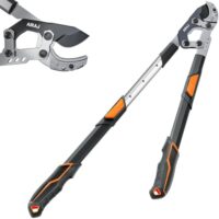 Gartenschere mit Teleskop-Struktur, rostroter Klinge und rutschfesten Griffen für dicke Äste bis 5,5 cm