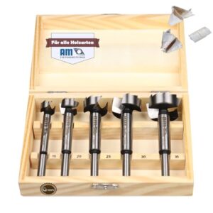 Professionelles Holzbohrer Set mit 5 Bohrern in Durchmessern von 15-35mm. Topfbohrer, Astlochbohrer und Forsterbohrerset für Weichholz, Hartholz und Furnier.