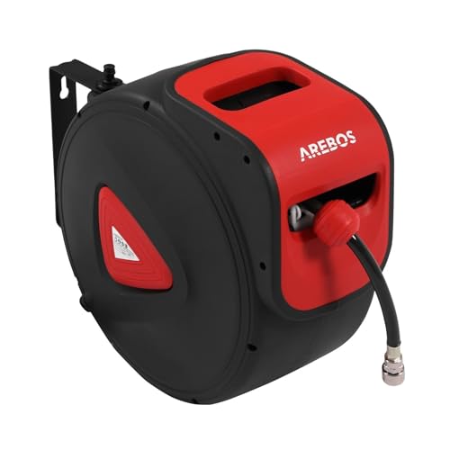 Arebos Druckluftschlauch Aufroller mit automatischem Auf- und Abrollmechanismus, 1/4 Zoll Schnellkupplung, UV-beständig und 180° schwenkbar. Robuster Aufroller für professionelle Werkstätten oder Heimwerker.