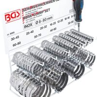 Rostfreie Schlauchklemmen auf Tafel, 111 Stück, für Heimwerker und Profis geeignet.