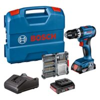 Bosch Professional 18V System Akku Schlagbohrschrauber GSB 18V-45 mit Drehzahl 1.900 min⁻¹, zwei 2.0Ah-Akkus und Zubehörteilen