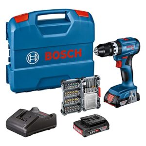 Bosch Professional 18V System Akku Schlagbohrschrauber GSB 18V-45 mit Drehzahl 1.900 min⁻¹, zwei 2.0Ah-Akkus und Zubehörteilen