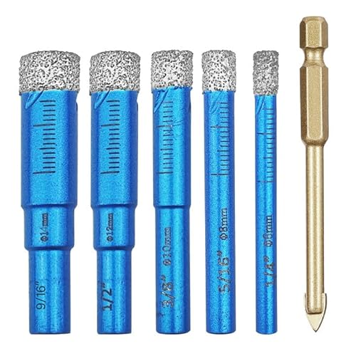 Dalephoric 6 Stück Fliesenbohrer Set, Diamantbohrer, 6, 8, 10, 12, 14 mm Keramikbohrer und 6 mm Karbid Anbohrer, Kann Nass und Trocken Bohren, Glasbohrer für Fliesen, Granit, Glas, Marmor