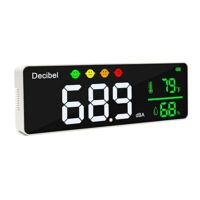 Dezibelmessgerät mit großem LED-Display und Alarmsymbolen für Messung von Schallpegel, Temperatur und Luftfeuchtigkeit