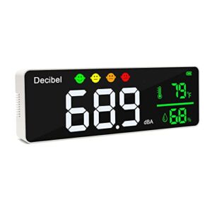 Dezibelmessgerät mit großem LED-Display und Alarmsymbolen für Messung von Schallpegel, Temperatur und Luftfeuchtigkeit
