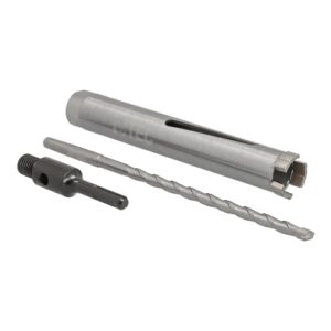 Bild einer Diamant Bohrkrone mit SDS-plus Aufnahme und Zentrierbohrer, ideal für effektive Bohrungen in verschiedenen Materialien wie Mauerwerk, Armierter Beton, Poroton, Tonrohr, Yton, Ziegel, Beton und mehr.