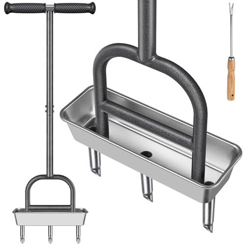 Manueller Rasenentkernbelüfter aus Edelstahl mit Aufbewahrungsschale und Bodenkern für eine effektive Pfropfenentfernung und verbesserte Bodengesundheit