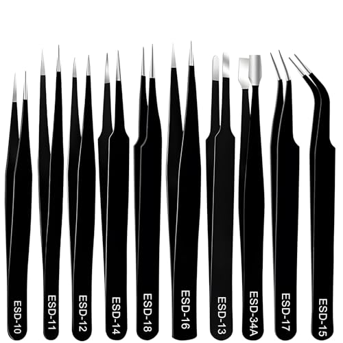 10 Stück ESD Pinzetten Kit, Präzisions Anti Statik Pinzette Set, Modellbau Pinzette, Unmagnetischer Edelstahl Pinzette, Industrie ESD Pinzetten für Elektronische Reparaturen und Präzisionsarbeit