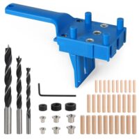 EXLECO Bohrschablone für genaue Bohrungen, Set mit Holzdübeln und Spiralbohrern in 6 mm, 8 mm und 10 mm für präzise Bohrarbeiten im Holzbearbeitungsbereich