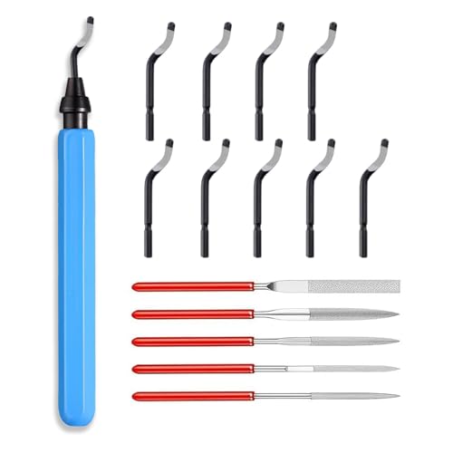 Entgratwerkzeug Hellblau, 360° drehbarer Metall Entgratgriff für Kunststoff und Aluminium mit Ersatzklingen und Diamant-Feilen.