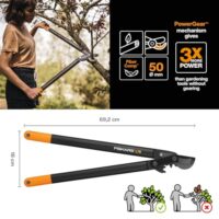 Blick auf die Fiskars PowerGear II Bypass-Getriebeastschere, ein Werkzeug für den Garten mit Antihaftbeschichtung und gehärtetem Präzisionsstahl, Länge 70 cm, Schwarz/Orange, Produkt L78