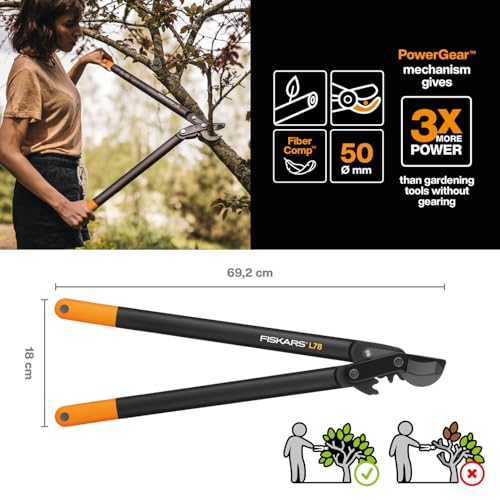 Blick auf die Fiskars PowerGear II Bypass-Getriebeastschere, ein Werkzeug für den Garten mit Antihaftbeschichtung und gehärtetem Präzisionsstahl, Länge 70 cm, Schwarz/Orange, Produkt L78