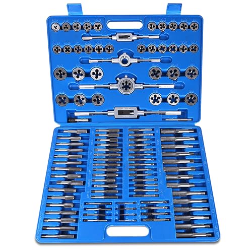 Professionelles 110-teiliges Set mit Gewindebohrern und Schneideisen aus hochwertigem HSS-Stahl, ideal für verschiedene Arten von Gewindeschneide- und Zerspanungsarbeiten.