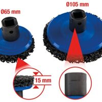 Hochwertiger Radnabenschleifer-Satz mit zwei Schleifkörpern, Ø 65 mm bzw. 105 mm, ideal für die Wartung und Pflege von Fahrzeugen.