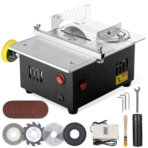 240W Mini Tischkreissäge mit 4 Klingen und Polierscheibe, Duale Motorsteuerung Präzisions Table Saw, Tragbare 0,1-20mm Sägeblatt Höhenverstellbarer für Bastelarbeiten und kleine Schnittprojekte