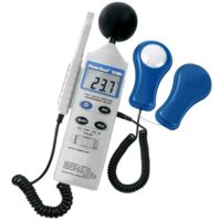 Multifunktionales Umweltmessgerät zur Messung von Schall, Temperatur, Luftfeuchtigkeit und Lichtintensität. Batteriebetrieben und mit LCD-Anzeige.