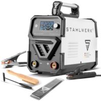 Schweißerät mit digitaler Anzeige, ohne Gas, kompakt und flexibel einsetzbar für verschiedene Schweißarten, inklusive Smartkühlung und Überhitzungsschutz.