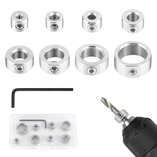 Tiefenanschlagringe Set mit Sechskantschlüssel, 3/4/5/6/8/10/12/16mm Tiefenstopp für Bohrer und Holzbearbeitung