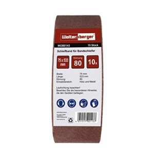 Woltersberger Schleifbänder 10 Stück, Größe 75x533mm, Körnung P80, Gewebe-Schleifband zum Schleifen, Feilen und Entrosten von Holz, Farbe, Lack und Spachtelmassen