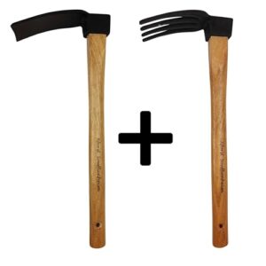 Gartenwerkzeuge aus Holz und Stahl, zwei Hacken mit geradem Blatt bzw. 4 Zinken, Griff aus Hickory-Holz, Kopf aus geschmiedetem Stahl