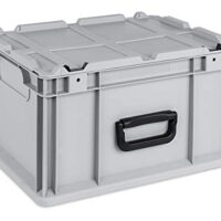 Robuste und stapelbare Transportbox mit komfortablen Koffergriff und abnehmbarem Klappdeckel, ideal für Werkzeugtransport und Lagerung