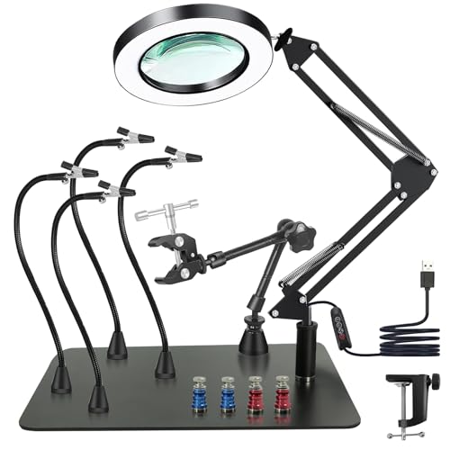 Magnetische Löthilfe Helfende Hand mit 10X Lupe Licht, Lötstation mit 4 PCB-Säulen und flexiblen Armen für das Löten von Leiterplatten und Reparaturen