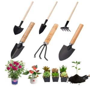 Gartenwerkzeug Set Klein, 6 Stück Mini Gartenschaufel mit Holzgriff, Gartenkraft Set für Pflanze, Bonsai und Topfblumen