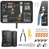 FGB Netzwerk Werkzeug Set, Pass Through RJ45 Crimpzange für Cat7 Cat6 Cat5 mit 4 x Netzwerkstecker Cat7 Werkzeuglos, 10 x RJ45 Stecker, LSA Auflegewerkzeug, Netzwerktester für RJ45, RJ11, RJ12 Kabel