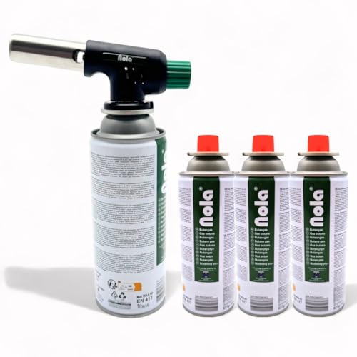 NOLA Schweißbrenner mit 4x 227g Gaskartuschen, Lötlampe mit Piezozündung, Gasbrenner bis 1350°C für Küche, Camping und DIY-Arbeiten