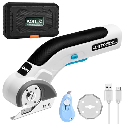 PAHTTO Elektrische Schere Kartonschneider 4V, 320 U/min, Kabellose Rollschneider Universalschneider Akku, mit 2 Elbstschärfenden Klingen und Ladegerät, für Papier, Pappe, Teppich, Leder, Filz, Stoff