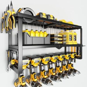 Wandhalterung für Elektrowerkzeuge - 3-Etagen-Werkzeugorganizer mit 7 Bohrerschächten (Tragkraft 68 kg) für Akku-Werkzeuge, stabile Eisen-Aufbewahrung für Werkstatt, Garage, Keller und Hobbyraum