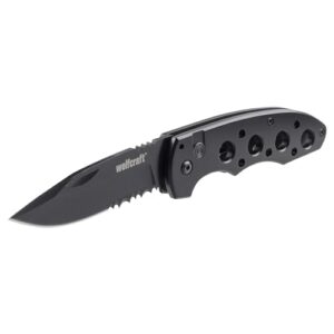 Wolfcraft Freizeitmesser mit klappbarer, gezahnter Klinge für Hobby und Camping - schwarz
