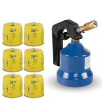 Gasbrenner mit 2,2 kW Leistung und 6 Gaskartuschen 190 g für verschiedene Anwendungen wie Weich- oder Hartlöten, Kochen, Grillieren und mehr. Kompatibel mit allen gängigen 190 g Stechgaskartuschen.