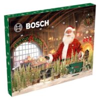 Ein Bosch-41-tlg.-Adventskalender-2025 mit verschiedenen Werkzeugen und Zubehörteilen, darunter Bügelsäge, Bit-Schraubendreher mit T-Griff, Schraubendreherbits und Aufbewahrungstasche