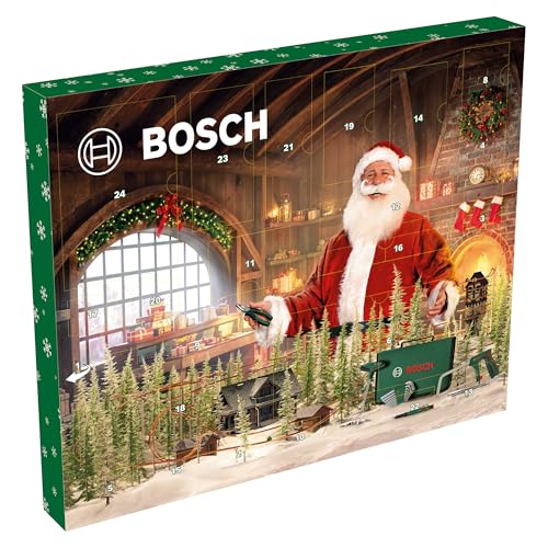 Ein Bosch-41-tlg.-Adventskalender-2025 mit verschiedenen Werkzeugen und Zubehörteilen, darunter Bügelsäge, Bit-Schraubendreher mit T-Griff, Schraubendreherbits und Aufbewahrungstasche