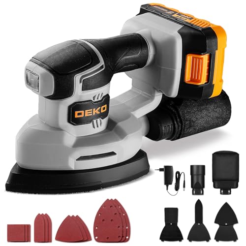 Dreieckschleifer Akku Schleifmaschine mit 20V Multischleifer, 13000 U/min und Absaugung inklusive Akku und Ladegerät sowie drei Zusatzzubehör und 12 Schleifblättern