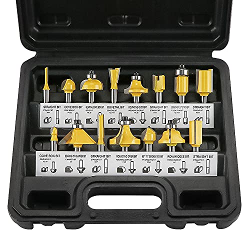 Hochwertiges Fräser-Set mit 15 verschiedenen Fräsern für Oberfräsen, Hartmetall-Fräser mit wärmebehandelter Schneide, ideal für Kantenbearbeitung und Schnitzen in Holz, MDF, Hartholz und Weichholz