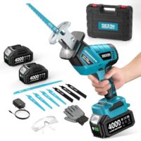 Eine kabellose Säbelsäge mit bürstenlosem 200-W-Motor und Drehzahl von 0-3500 U/min für Holz, Rohre und Metalle, inklusive 2 x 4.0Ah-Akkus und LED-Licht