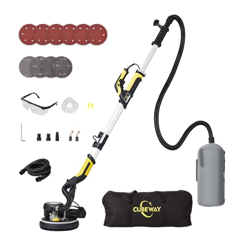 CUBEWAY Trockenbauschleifer, 750 W Elektropfostenschleifer mit LED Licht, Faltbar, Teleskop, Vakuum und 10 Stück Sandpapier für effektive Staubentfernung