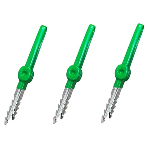 Drei grüne Gartenpinzetten nebeneinander auf weißem Hintergrund. Jede Pinze hat einen Metallspitzen und ist für präzises Gärtnern geeignet. Sie bestehen aus einem robusten Kunststoffmaterial und sind in verschiedenen Farben erhältlich, um das Gartenbereich visuell ansprechend zu gestalten.